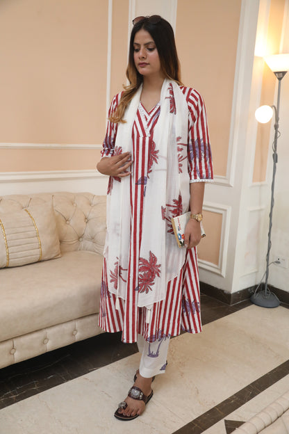 Red stripes and palm handblockprinted linen set of 3