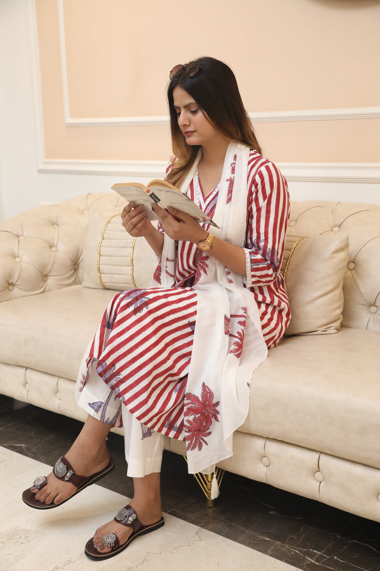 Red stripes and palm handblockprinted linen set of 3