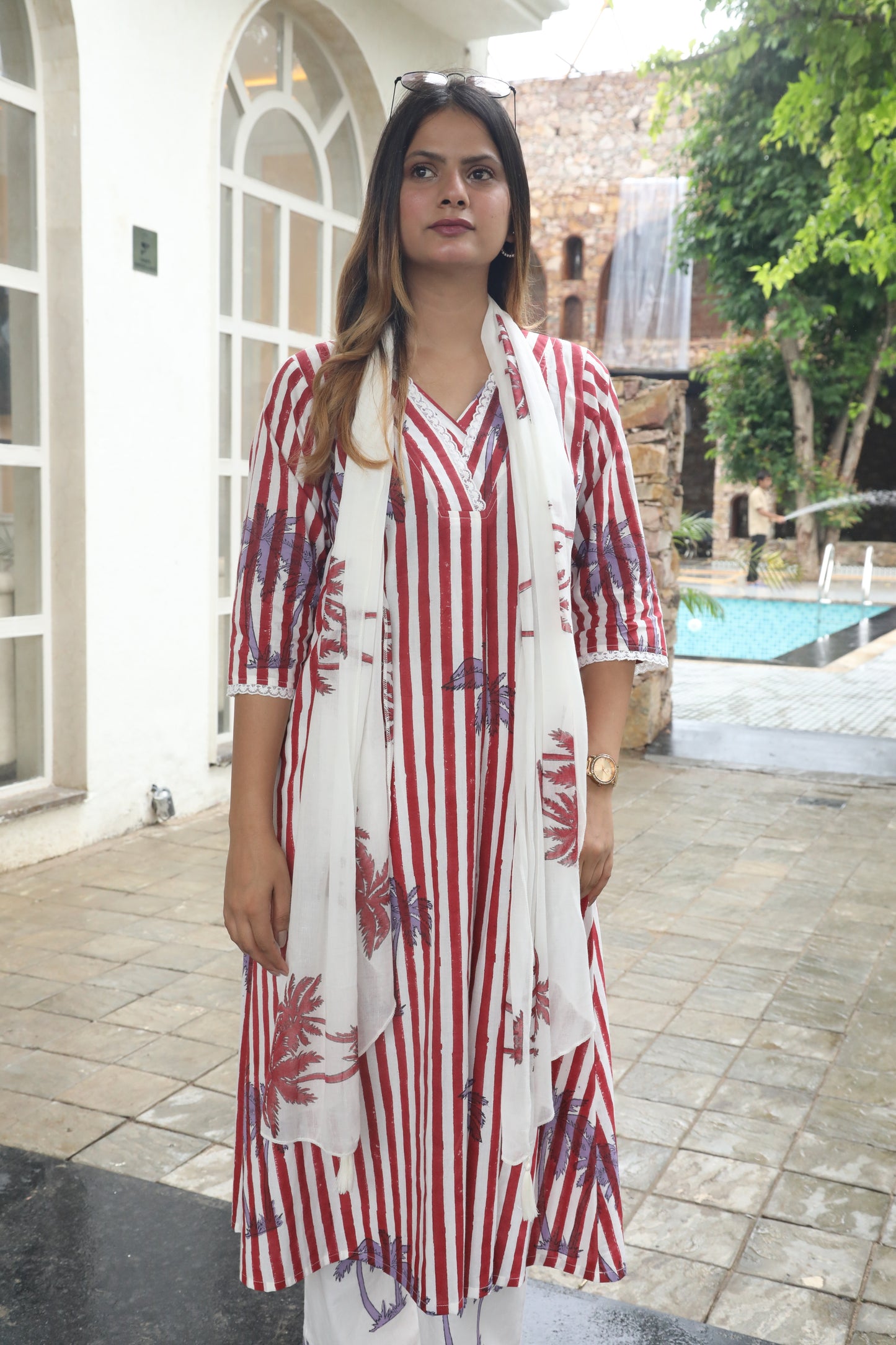 Red stripes and palm handblockprinted linen set of 3