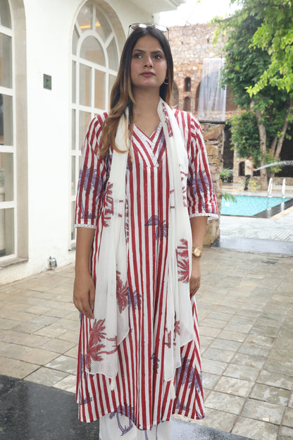 Red stripes and palm handblockprinted linen set of 3