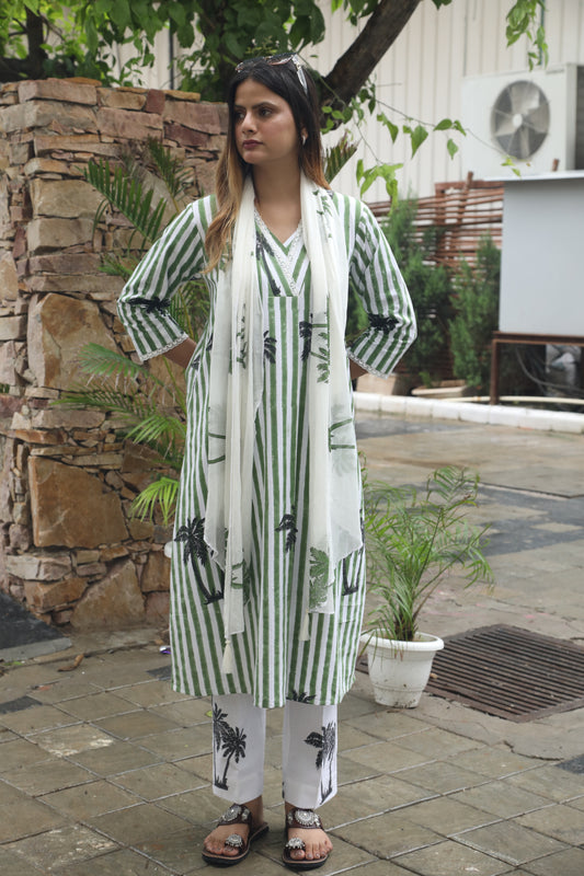 Green stripes and palm handblockprinted linen set of 3