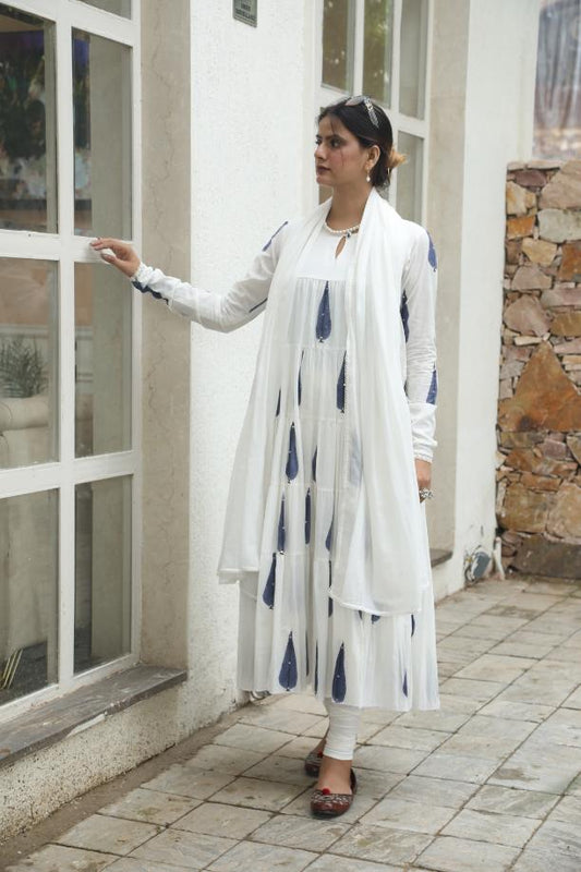 Negchar-Blue leaf Handblock tire anarkali set